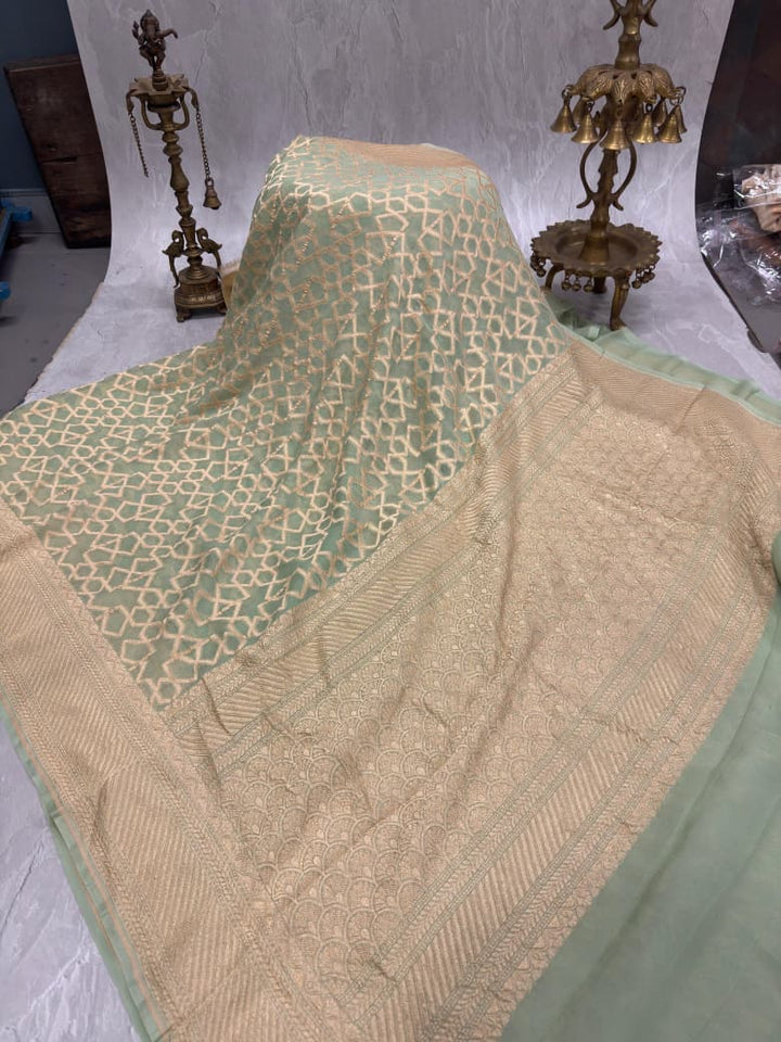 Sage Green Banarasi Georgette Silk Saree with Morroccon Brocade Jaal and Zari Border | SILK MARK CERTIFIED