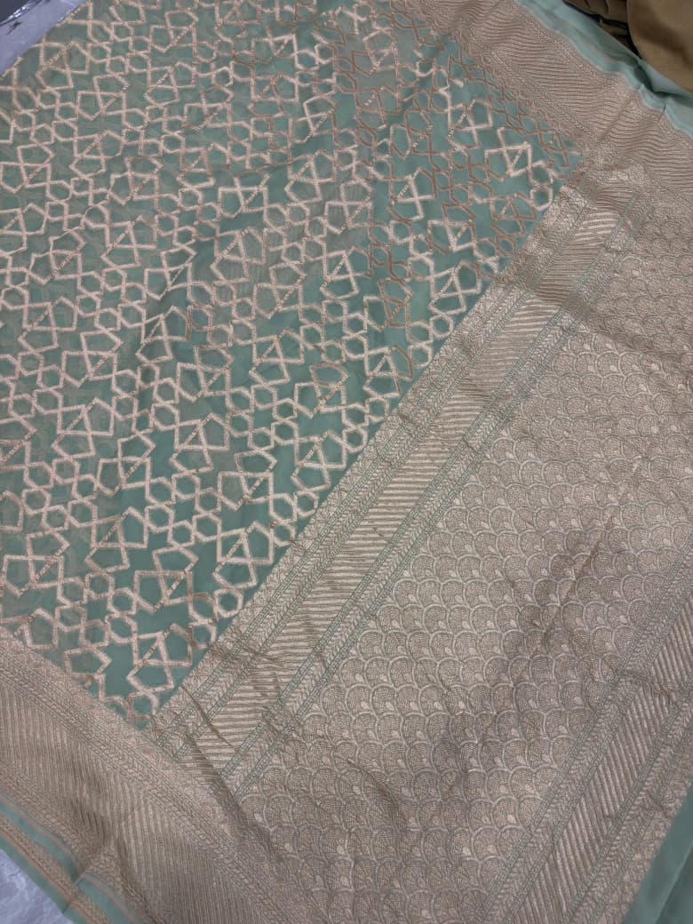 Sage Green Banarasi Georgette Silk Saree with Morroccon Brocade Jaal and Zari Border | SILK MARK CERTIFIED