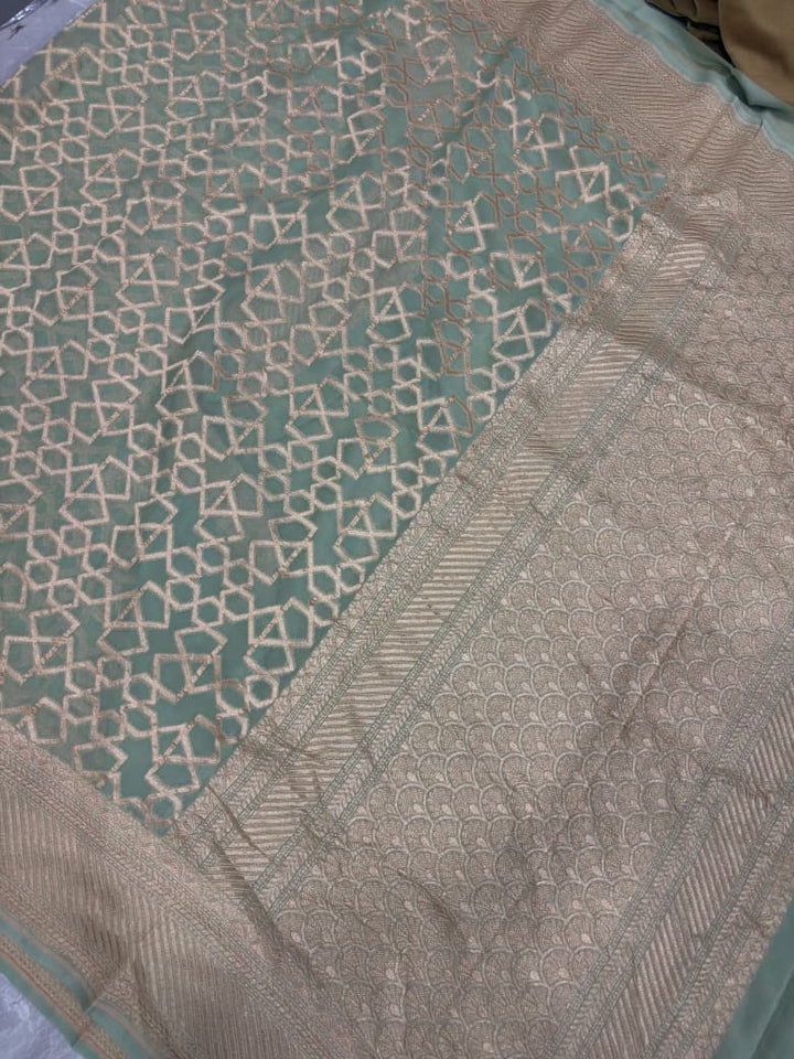 Sage Green Banarasi Georgette Silk Saree with Morroccon Brocade Jaal and Zari Border | SILK MARK CERTIFIED