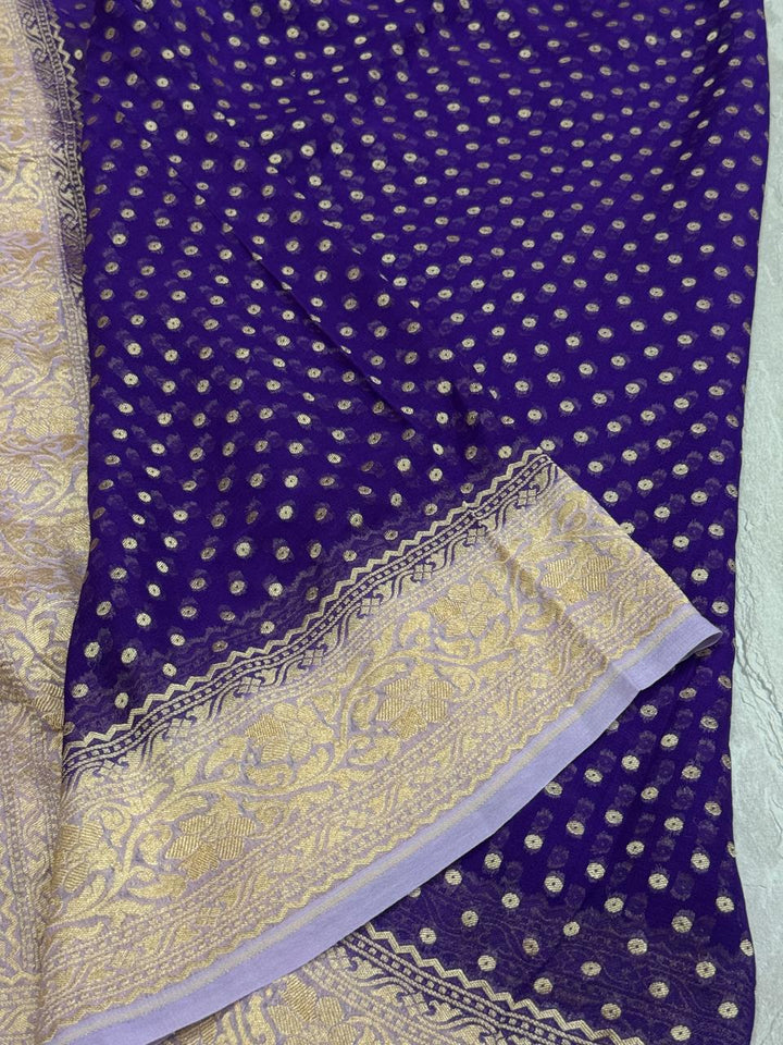 Ink Purple Banarasi Georgette Silk Saree with Polka Dot Brocade and Contrast Zari Border | SILK MARK CERTIFIED