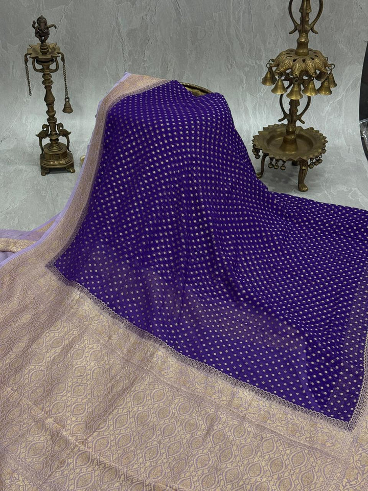 Ink Purple Banarasi Georgette Silk Saree with Polka Dot Brocade and Contrast Zari Border | SILK MARK CERTIFIED