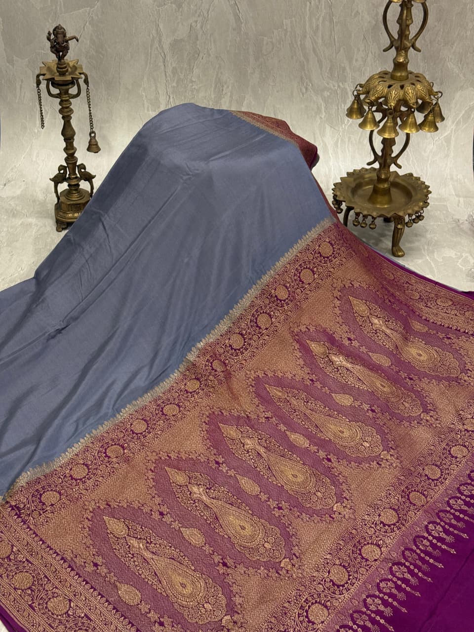 Gray Pure Mysore Crepe Silk Saree with Contrast and Antique Zari Border and Pallu | SILK MARK CERTIFIED