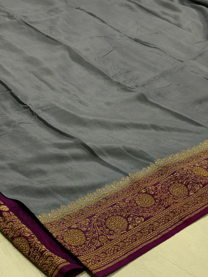 Gray Pure Mysore Crepe Silk Saree with Contrast and Antique Zari Border and Pallu | SILK MARK CERTIFIED