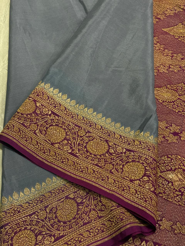 Gray Pure Mysore Crepe Silk Saree with Contrast and Antique Zari Border and Pallu | SILK MARK CERTIFIED