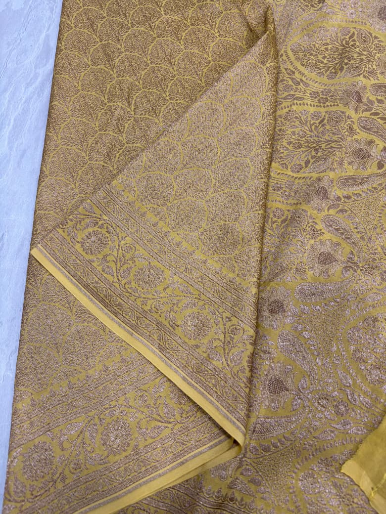 Yellow Banarasi Georgette Silk Saree with Antique Zari Brocade and Border | SILK MARK CERTIFIED