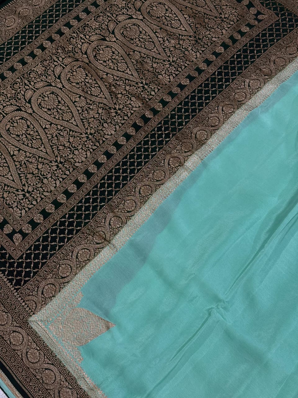 Mint Green Mysore Crepe Silk Saree with Koniya Motifs and Contrast Zari Border | SILK MARK CERTIFIED