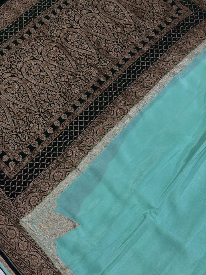 Mint Green Mysore Crepe Silk Saree with Koniya Motifs and Contrast Zari Border | SILK MARK CERTIFIED