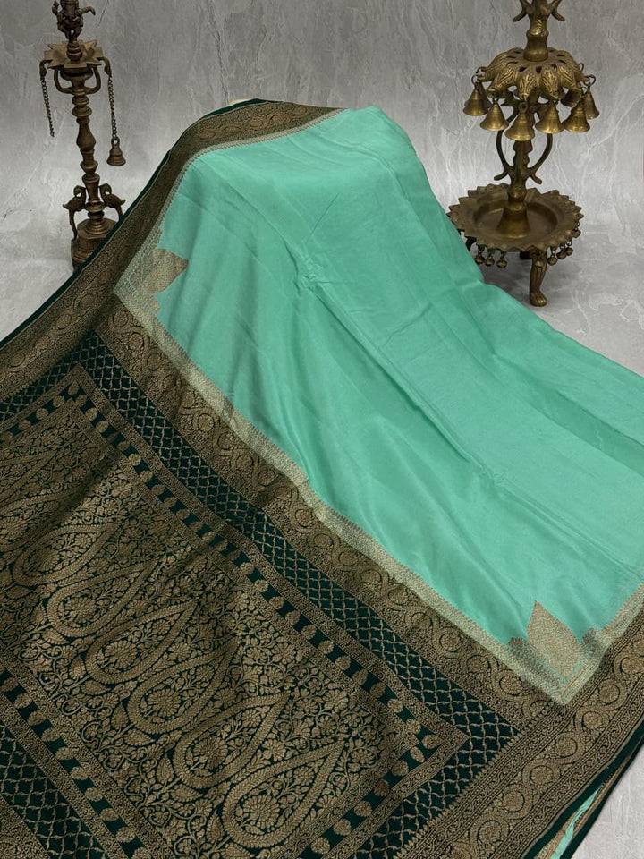 Mint Green Mysore Crepe Silk Saree with Koniya Motifs and Contrast Zari Border | SILK MARK CERTIFIED