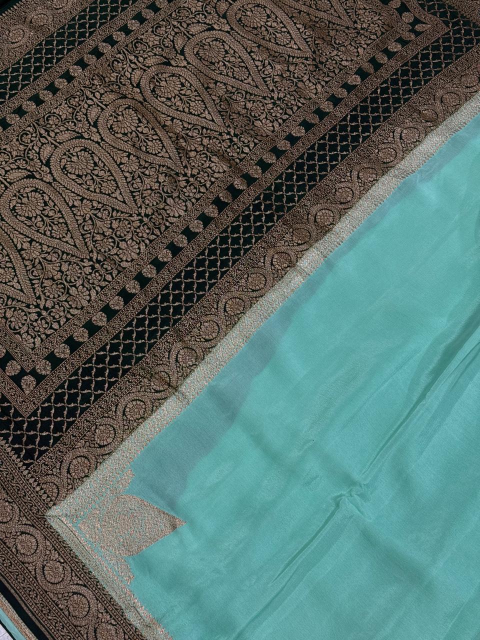 Mint Green Mysore Crepe Silk Saree with Koniya Motifs and Contrast Zari Border | SILK MARK CERTIFIED
