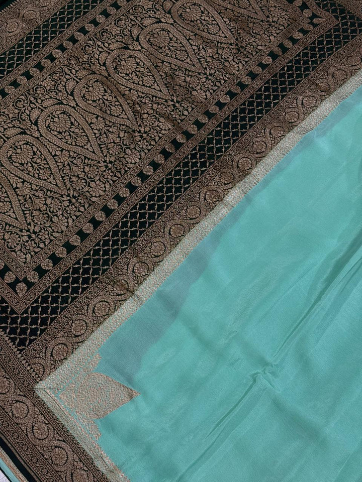 Mint Green Mysore Crepe Silk Saree with Koniya Motifs and Contrast Zari Border | SILK MARK CERTIFIED
