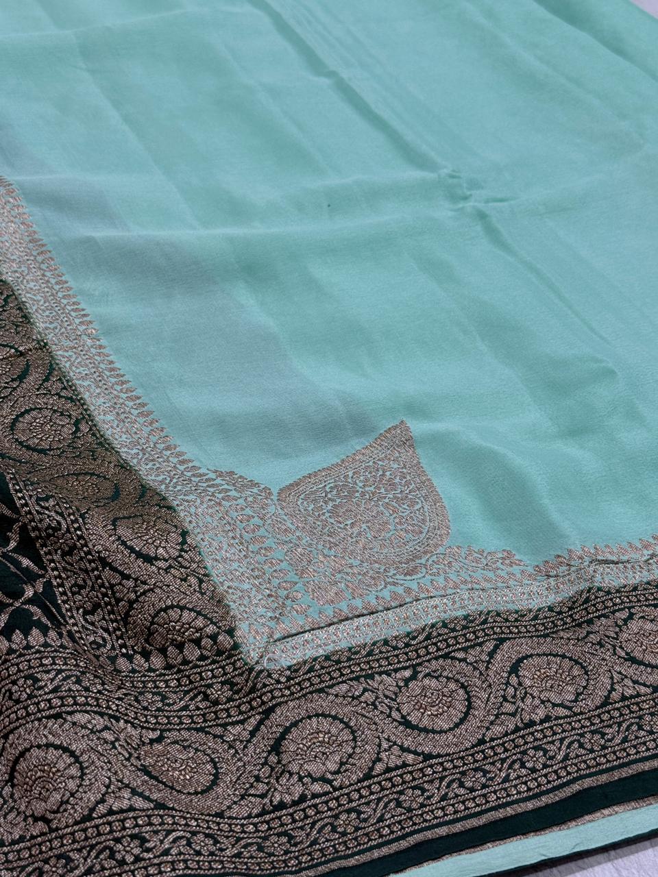 Mint Green Mysore Crepe Silk Saree with Koniya Motifs and Contrast Zari Border | SILK MARK CERTIFIED