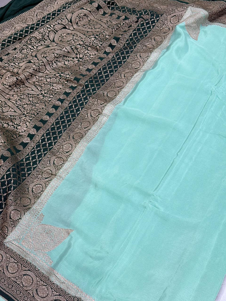 Mint Green Mysore Crepe Silk Saree with Koniya Motifs and Contrast Zari Border | SILK MARK CERTIFIED