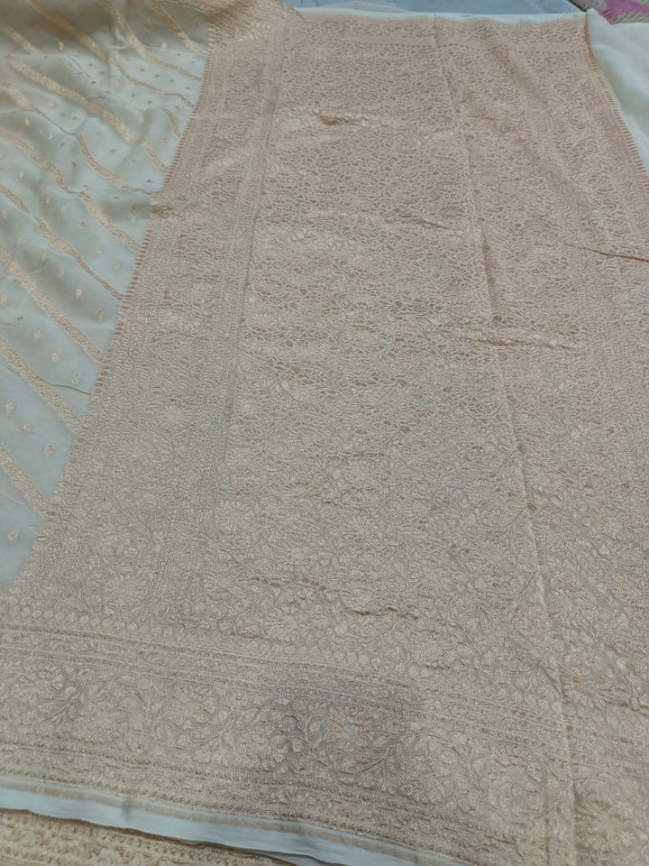 Ivory Zari Buttis on Banarasi Georgette Silk Saree with Leheria Design and Zari Border | SILK MARK CERTIFIED