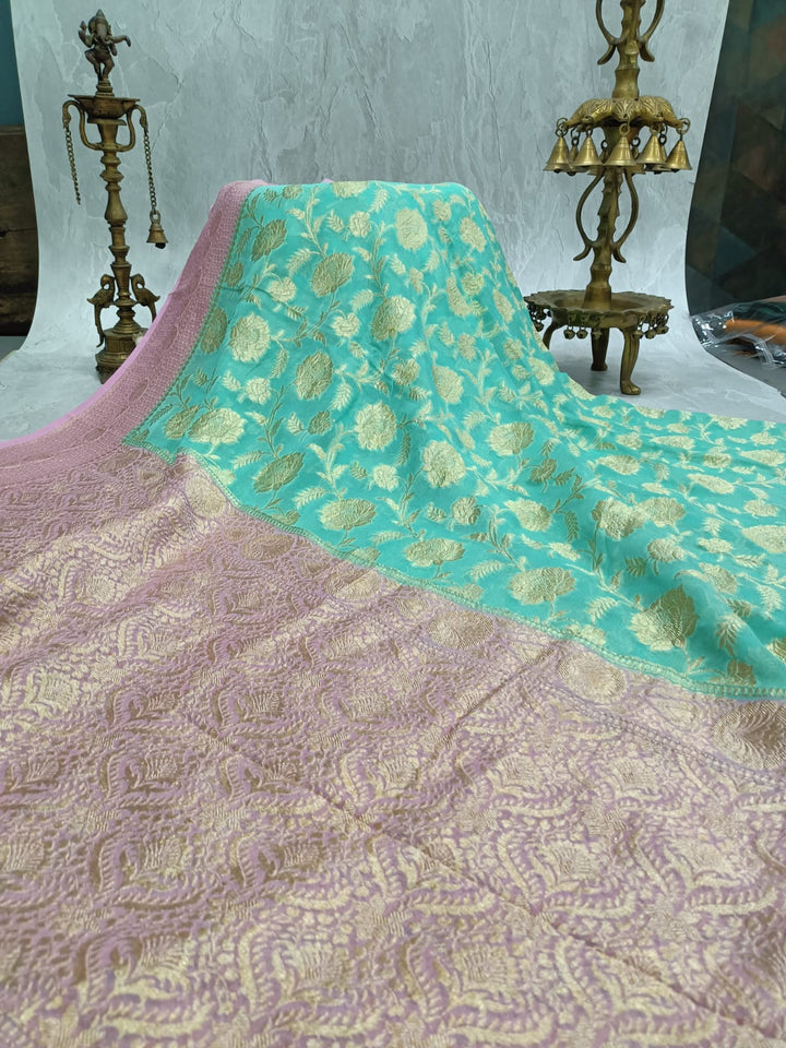 Rame Green Banarasi Georgette Silk Saree with Floral Jaal and Contrast Zari Border | SILK MARK CERTIFIED