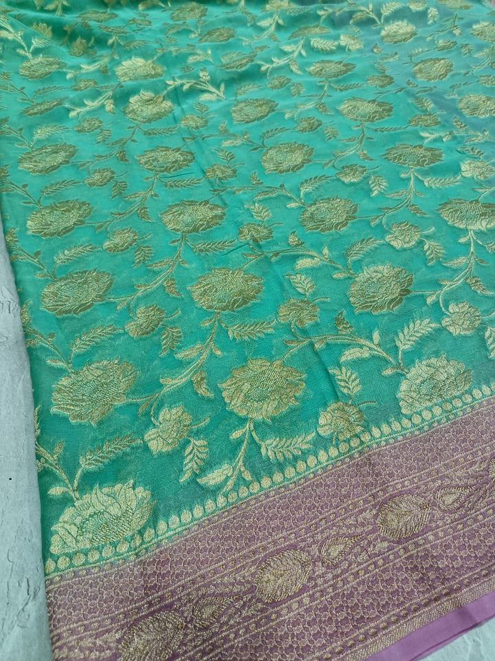 Rame Green Banarasi Georgette Silk Saree with Floral Jaal and Contrast Zari Border | SILK MARK CERTIFIED