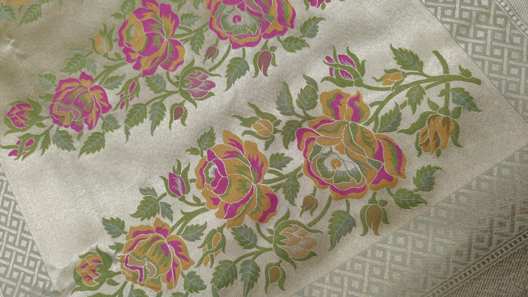 Gray Checks on Semi Silk Saree with Meenakari Floral Design and Zari Border