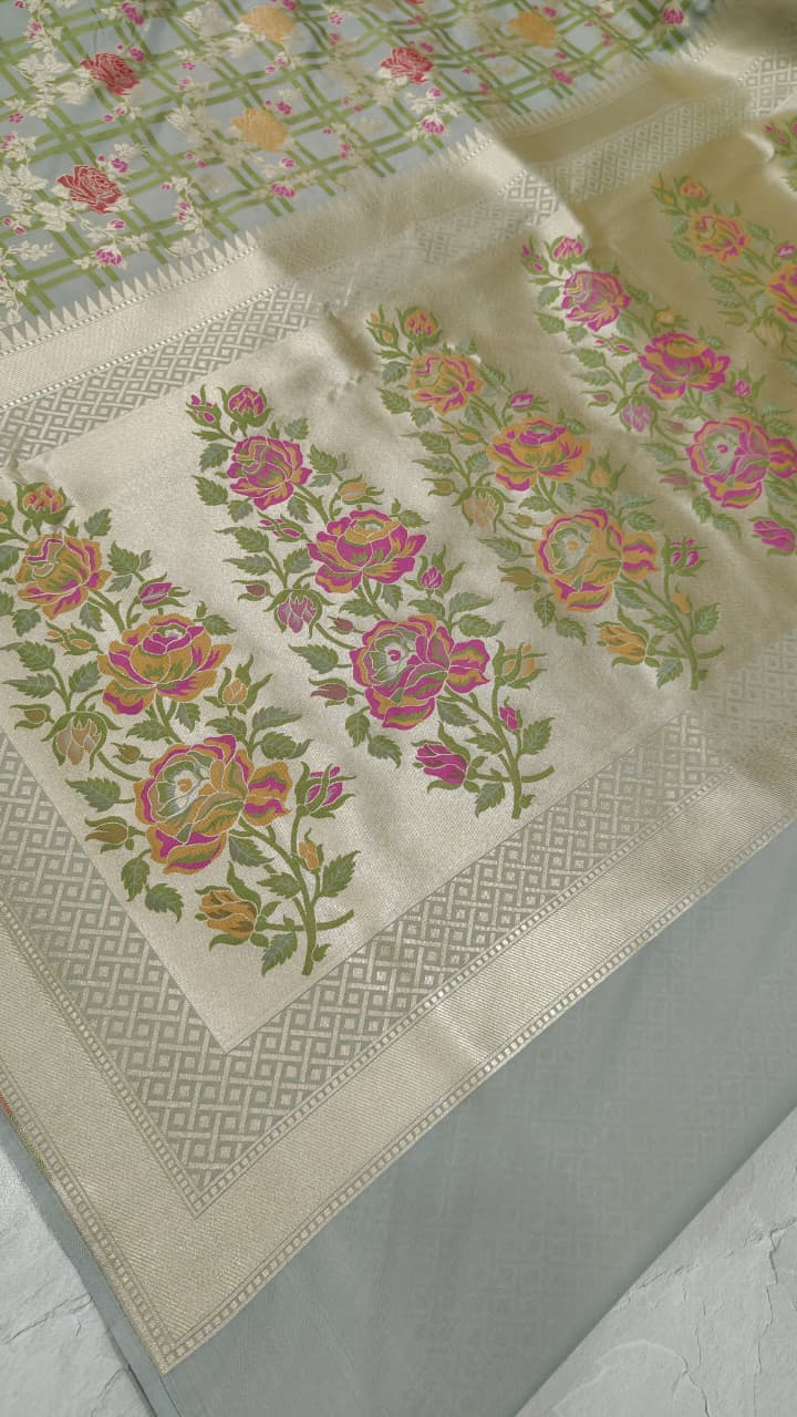 Gray Checks on Semi Silk Saree with Meenakari Floral Design and Zari Border