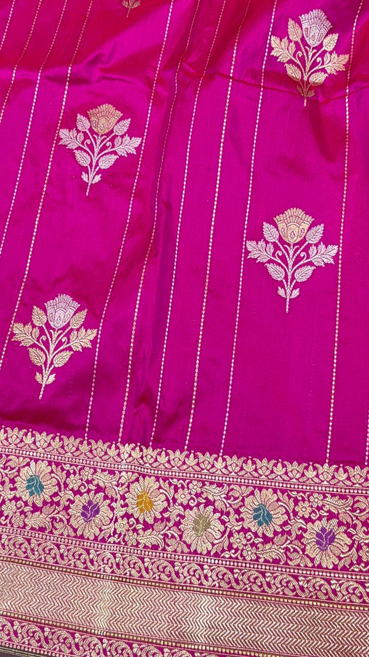Rani Pink Zari Stripes on Banarasi Pure Katan Silk Saree with Alfi Floral Buttas and Meenakari Zari Border | SILK MARK CERTIFIED