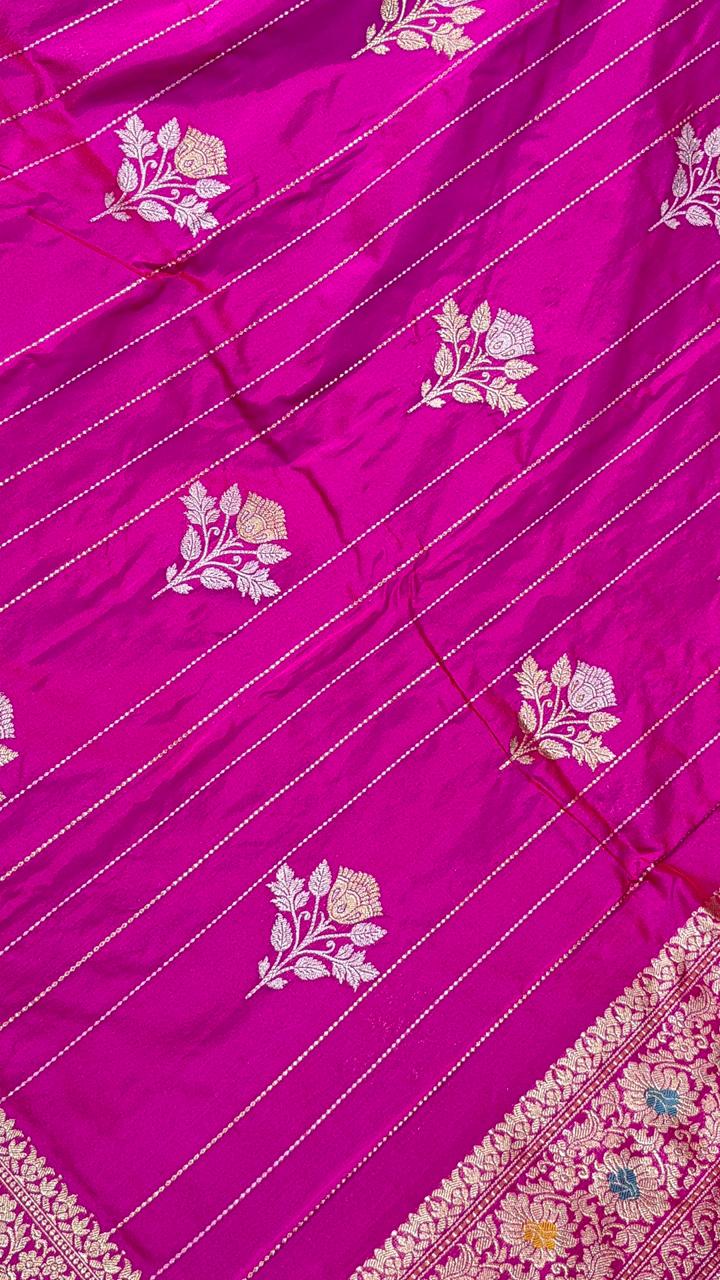 Rani Pink Zari Stripes on Banarasi Pure Katan Silk Saree with Alfi Floral Buttas and Meenakari Zari Border | SILK MARK CERTIFIED