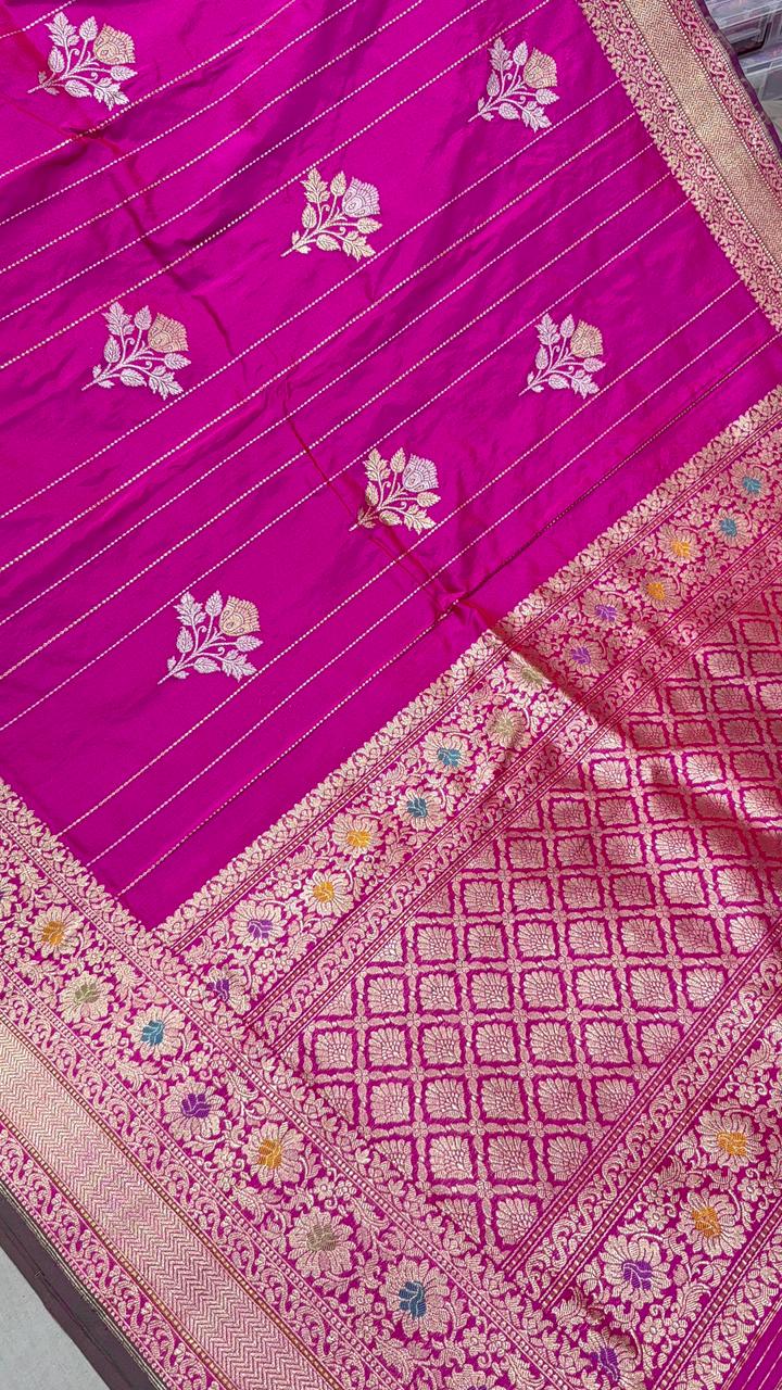 Rani Pink Zari Stripes on Banarasi Pure Katan Silk Saree with Alfi Floral Buttas and Meenakari Zari Border | SILK MARK CERTIFIED
