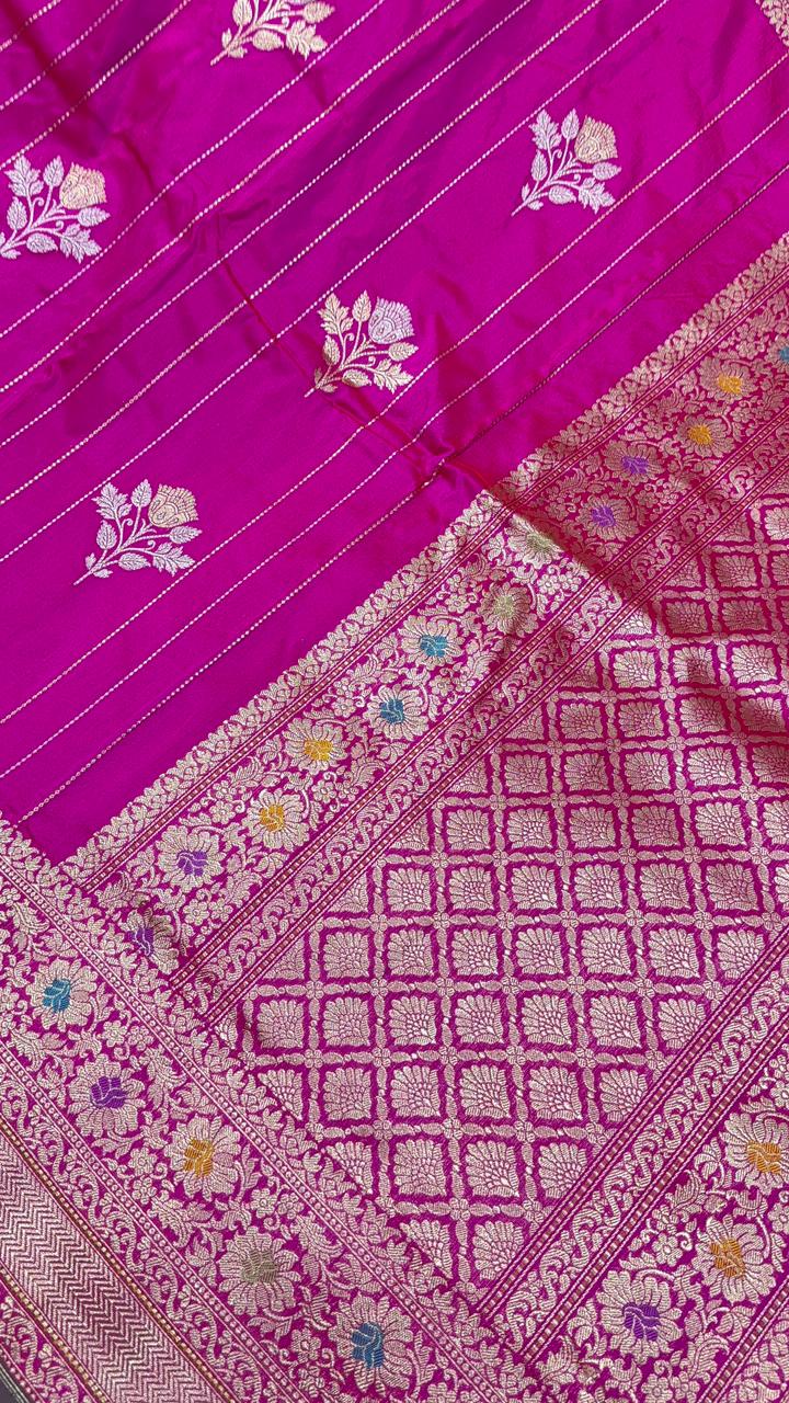Rani Pink Zari Stripes on Banarasi Pure Katan Silk Saree with Alfi Floral Buttas and Meenakari Zari Border | SILK MARK CERTIFIED