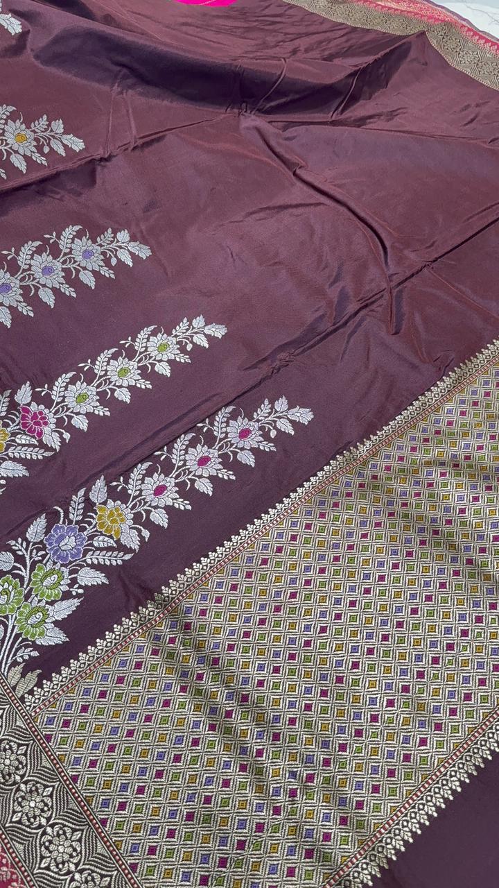 Chocolate Brown Banarasi Pure Katan Silk Saree with Meenakari Detailing and Zari Border | SILK MARK CERTIFIED