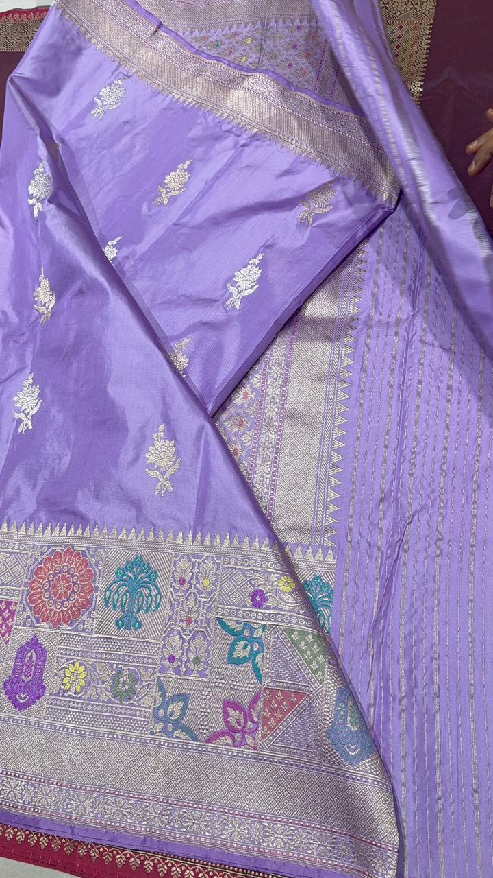Lilac Banarasi Pure Katan Silk Saree with Sona Rupa Floral Buttas and Geometric Meenakari Buttas on Wide Zari Border | SILK MARK CERTIFIED