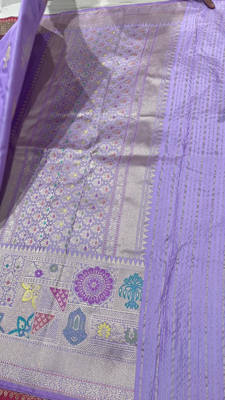 Lilac Banarasi Pure Katan Silk Saree with Sona Rupa Floral Buttas and Geometric Meenakari Buttas on Wide Zari Border | SILK MARK CERTIFIED