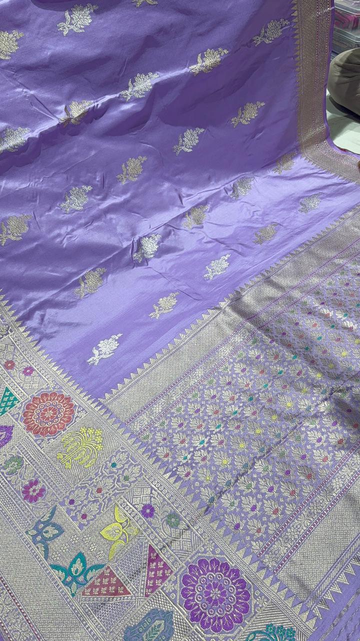 Lilac Banarasi Pure Katan Silk Saree with Sona Rupa Floral Buttas and Geometric Meenakari Buttas on Wide Zari Border | SILK MARK CERTIFIED