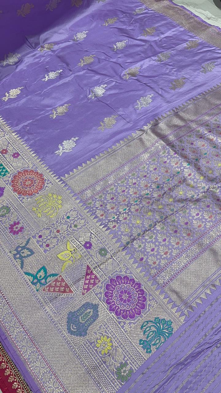 Lilac Banarasi Pure Katan Silk Saree with Sona Rupa Floral Buttas and Geometric Meenakari Buttas on Wide Zari Border | SILK MARK CERTIFIED