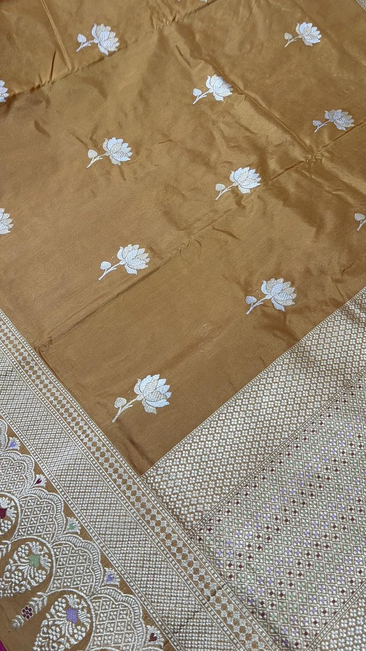 Honey Brown Banarasi Pure Katan Silk Saree with Alfi Floral Buttas and Meenakari Scallop Skirt Border | SILK MARK CERTIFIED