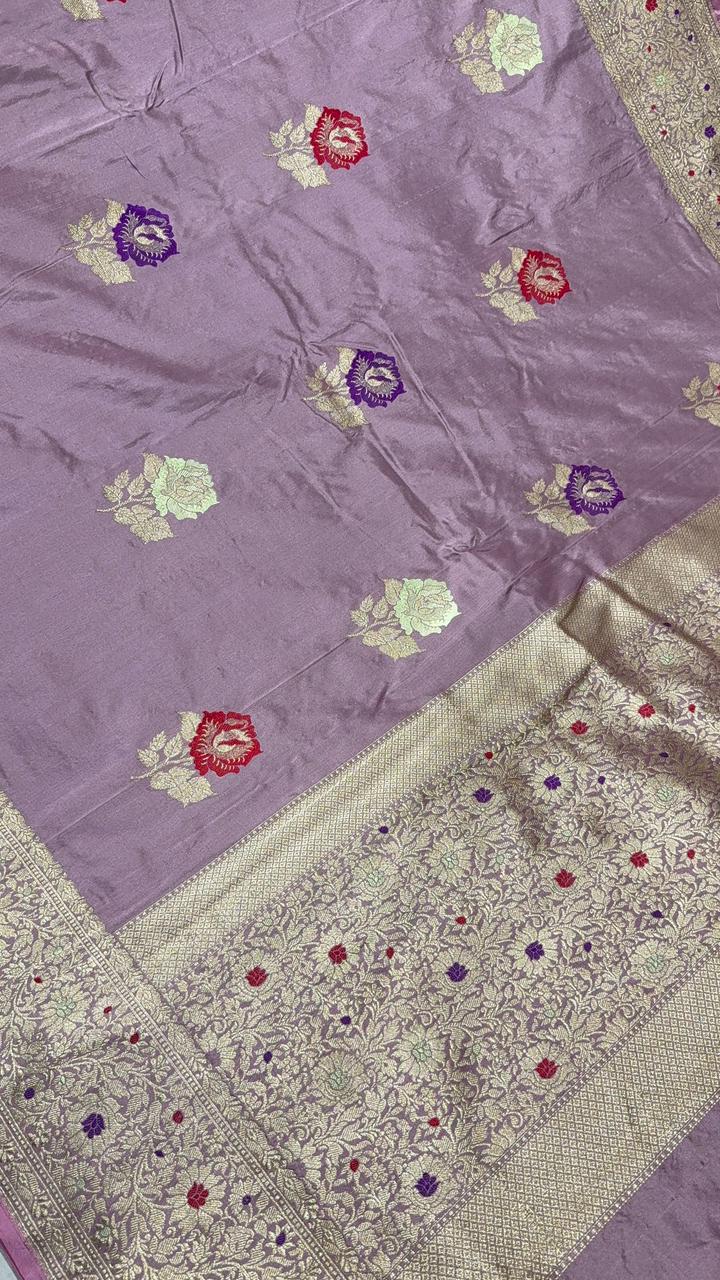 Dusty Amethyst Meenakari Work on Banarasi Pure Katan Silk Saree with Floral Buttas and Wide Zari Jaal Border | SILK MARK CERTIFIED