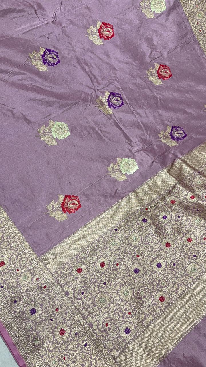 Dusty Amethyst Meenakari Work on Banarasi Pure Katan Silk Saree with Floral Buttas and Wide Zari Jaal Border | SILK MARK CERTIFIED