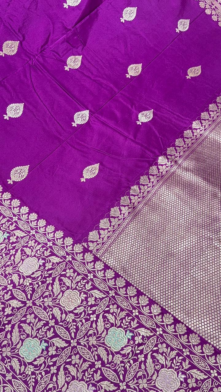 Deep Plum Banarasi Pure Katan Silk Saree with Sona Rupa Buttas and Meenakari Skirt Zari Border | SILK MARK CERTIFIED