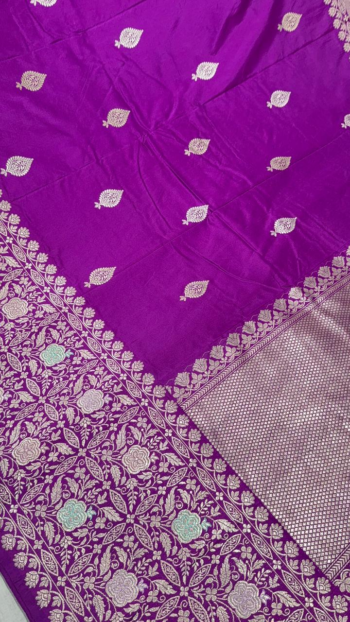 Deep Plum Banarasi Pure Katan Silk Saree with Sona Rupa Buttas and Meenakari Skirt Zari Border | SILK MARK CERTIFIED
