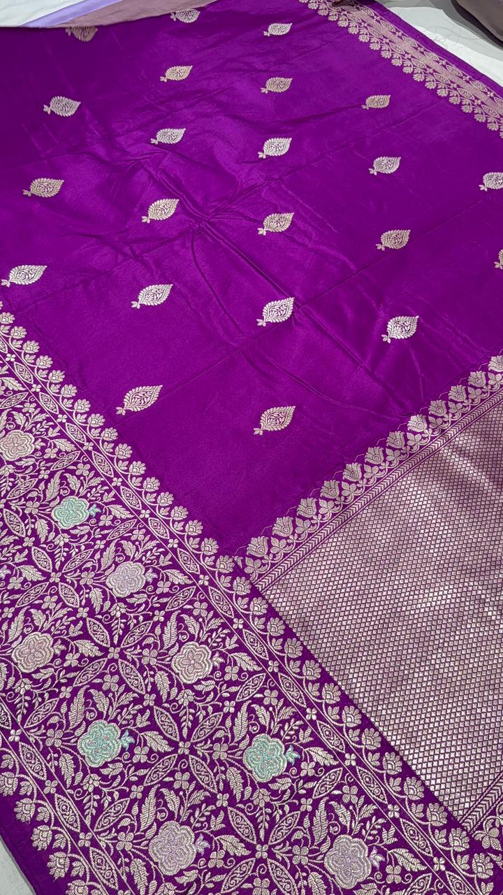 Deep Plum Banarasi Pure Katan Silk Saree with Sona Rupa Buttas and Meenakari Skirt Zari Border | SILK MARK CERTIFIED