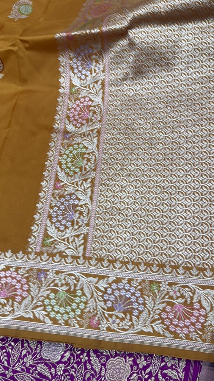 Honey Brown Meenakari on Banarasi Pure Katan Silk Saree with Sona Rupa Floral Buttas and Zari Border | SILK MARK CERTIFIED