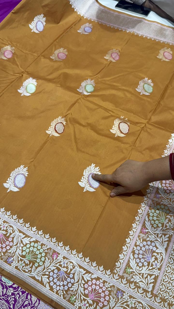 Honey Brown Meenakari on Banarasi Pure Katan Silk Saree with Sona Rupa Floral Buttas and Zari Border | SILK MARK CERTIFIED