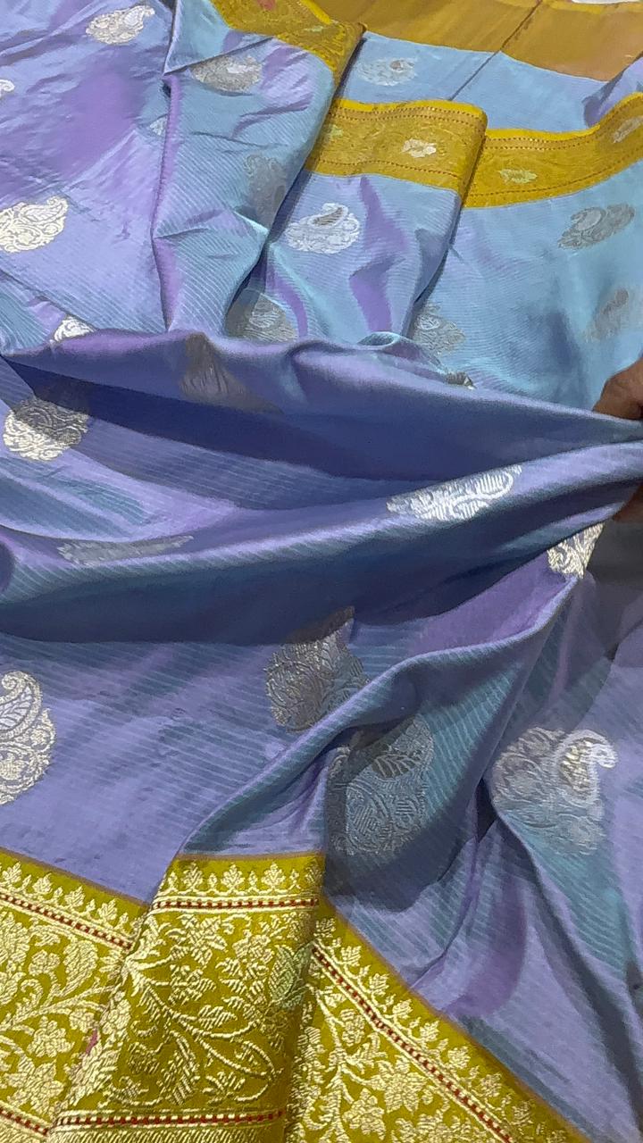 Lilac-Blue Dual tone Banarasi Pure Katan Silk Saree with Alfi Paisley Buttas and Contrast Kadiyal Meenakari Zari Border | SILK MARK CERTIFIED