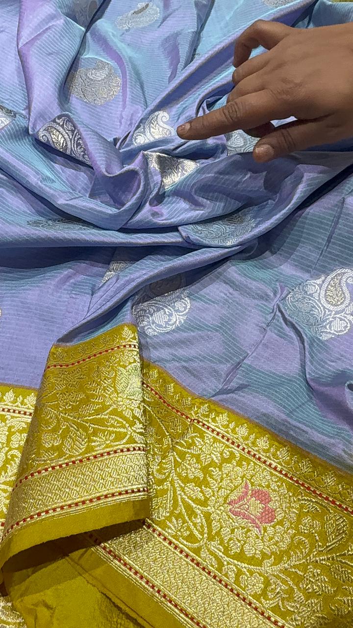 Lilac-Blue Dual tone Banarasi Pure Katan Silk Saree with Alfi Paisley Buttas and Contrast Kadiyal Meenakari Zari Border | SILK MARK CERTIFIED
