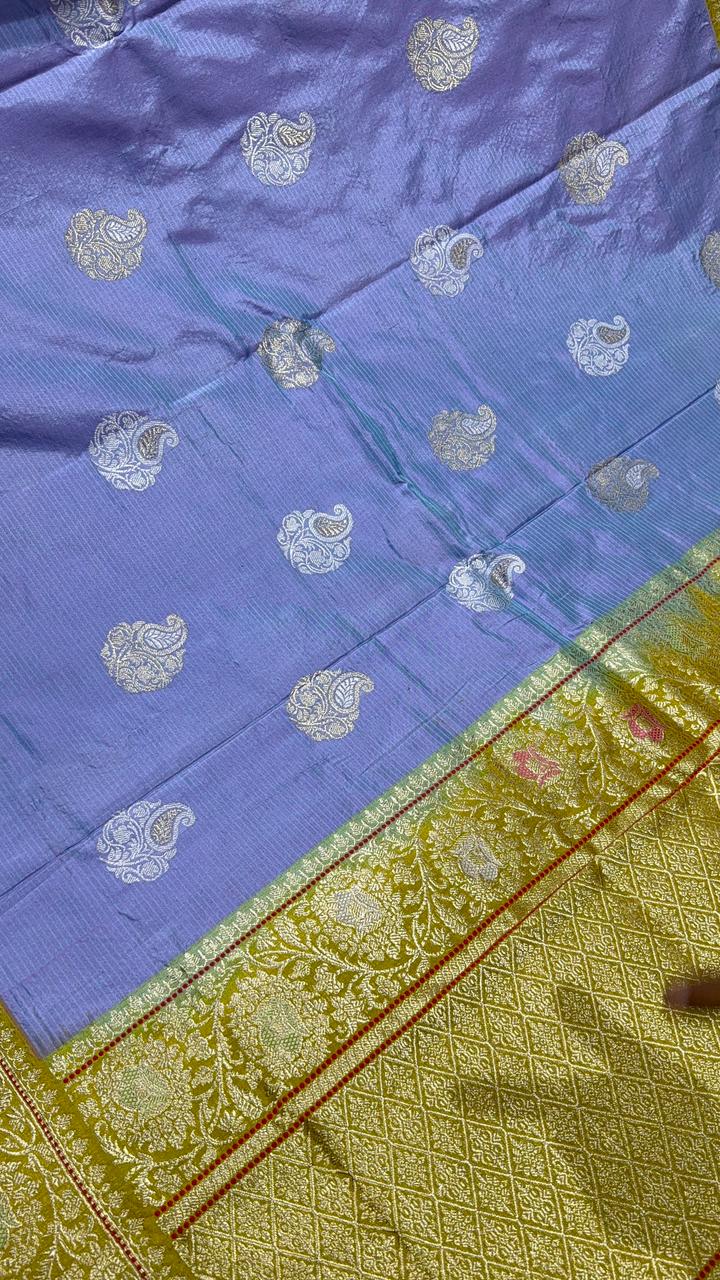 Lilac-Blue Dual tone Banarasi Pure Katan Silk Saree with Alfi Paisley Buttas and Contrast Kadiyal Meenakari Zari Border | SILK MARK CERTIFIED