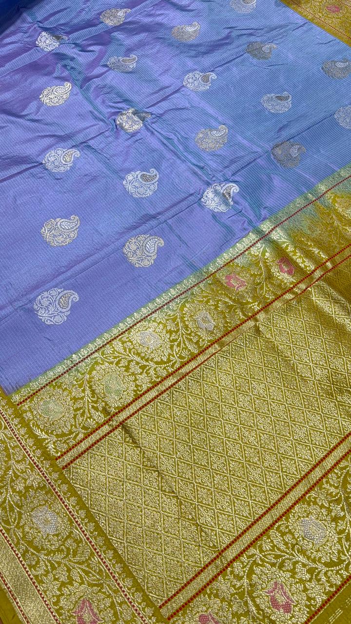 Lilac-Blue Dual tone Banarasi Pure Katan Silk Saree with Alfi Paisley Buttas and Contrast Kadiyal Meenakari Zari Border | SILK MARK CERTIFIED