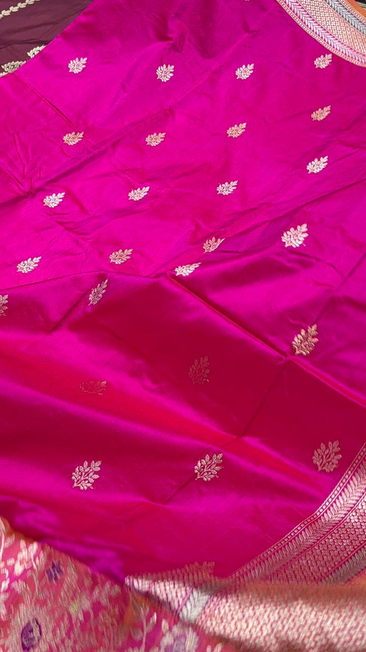 Rani Pink Dual tone Banarasi Pure Katan Silk Saree with Sona Rupa Buttas and Kadhuwa Meenakari Jaal on Skirt Border| SILK MARK CERTIFIED