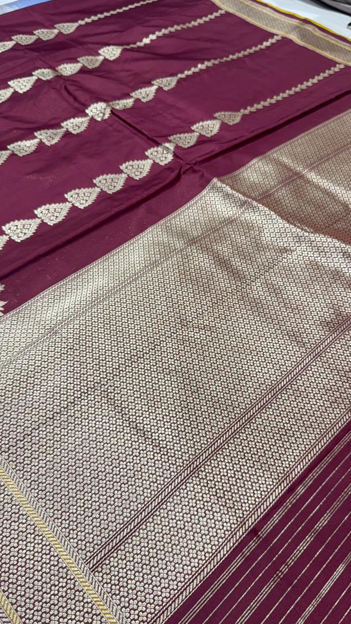 Chocolate Brown Banarasi Pure Katan Silk Saree with Zari Detailing and Meenakari Ornate Scallop Border| SILK MARK CERTIFIED