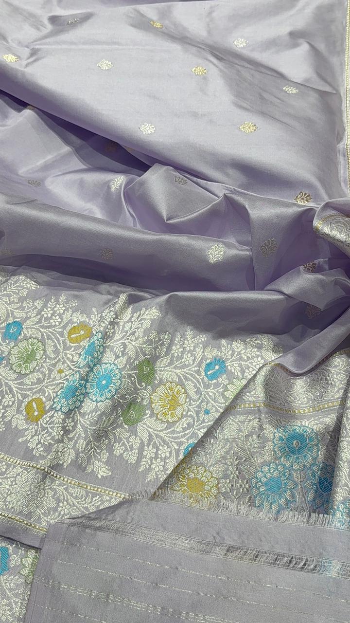 Kadhuwa Meenakari Skirt Border Banarasi Pure Katan Silk Saree in Smokey Lavender with Sona Rupa Chunri Buttis and Zari Border| SILK MARK CERTIFIED
