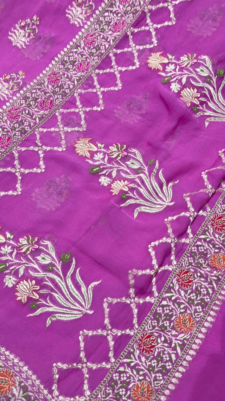 Thistle Banarasi georgette silk saree with Persian design Meenakari floral Butta with Ornate Border | SILK MARK CERTIFIED