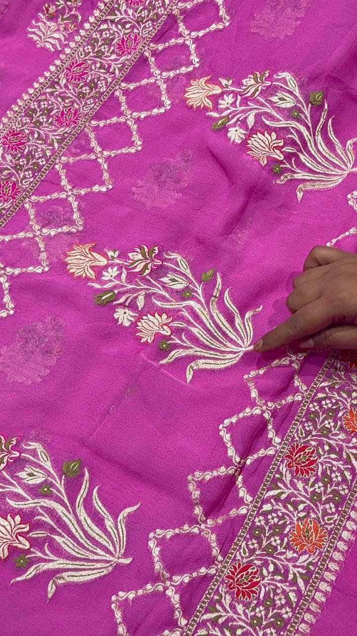 Thistle Banarasi georgette silk saree with Persian design Meenakari floral Butta with Ornate Border | SILK MARK CERTIFIED