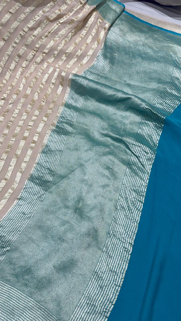 Off white vertical stripes on banarasi georgette Silk saree with turquoise zari border and Pallu | SILK MARK CERTIFIED