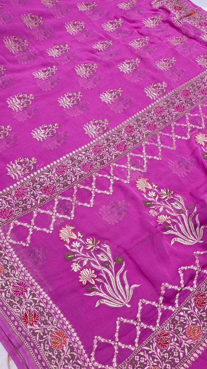 Thistle Banarasi georgette silk saree with Persian design Meenakari floral Butta with Ornate Border | SILK MARK CERTIFIED