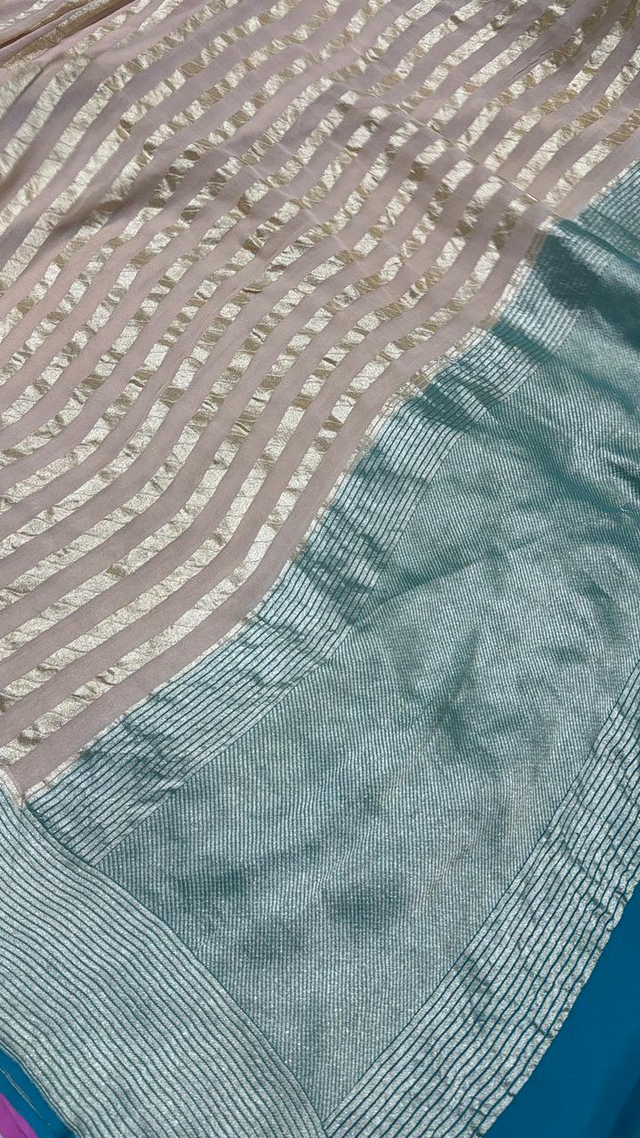 Off white vertical stripes on banarasi georgette Silk saree with turquoise zari border and Pallu | SILK MARK CERTIFIED